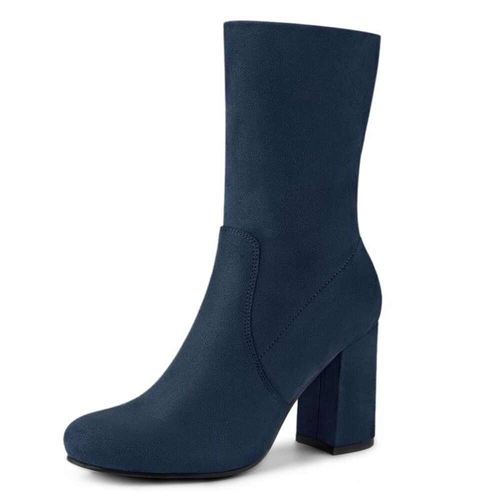 Block Heel Foldable Stretch Ankle Boots Navy Blue